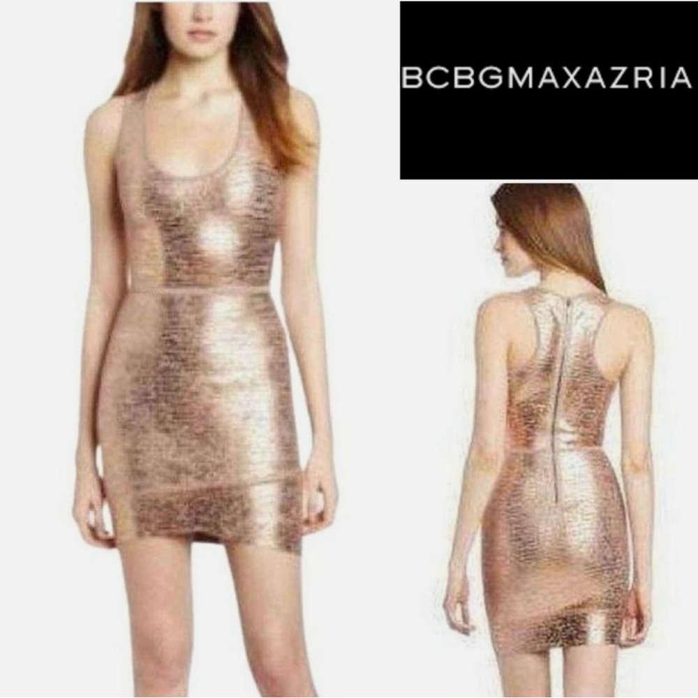 BCBGMAXAZRIA “Gisela” Rose gold rayon/spandex bandage dress size XS NWT